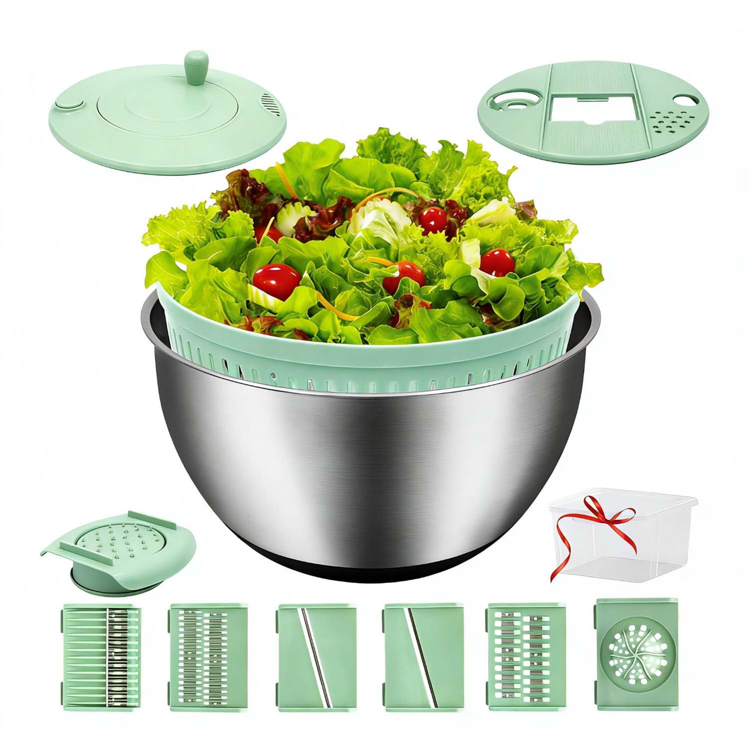 VVAKAM ensaladera giratoria con base estable para lavar y escurrir ensaladas.