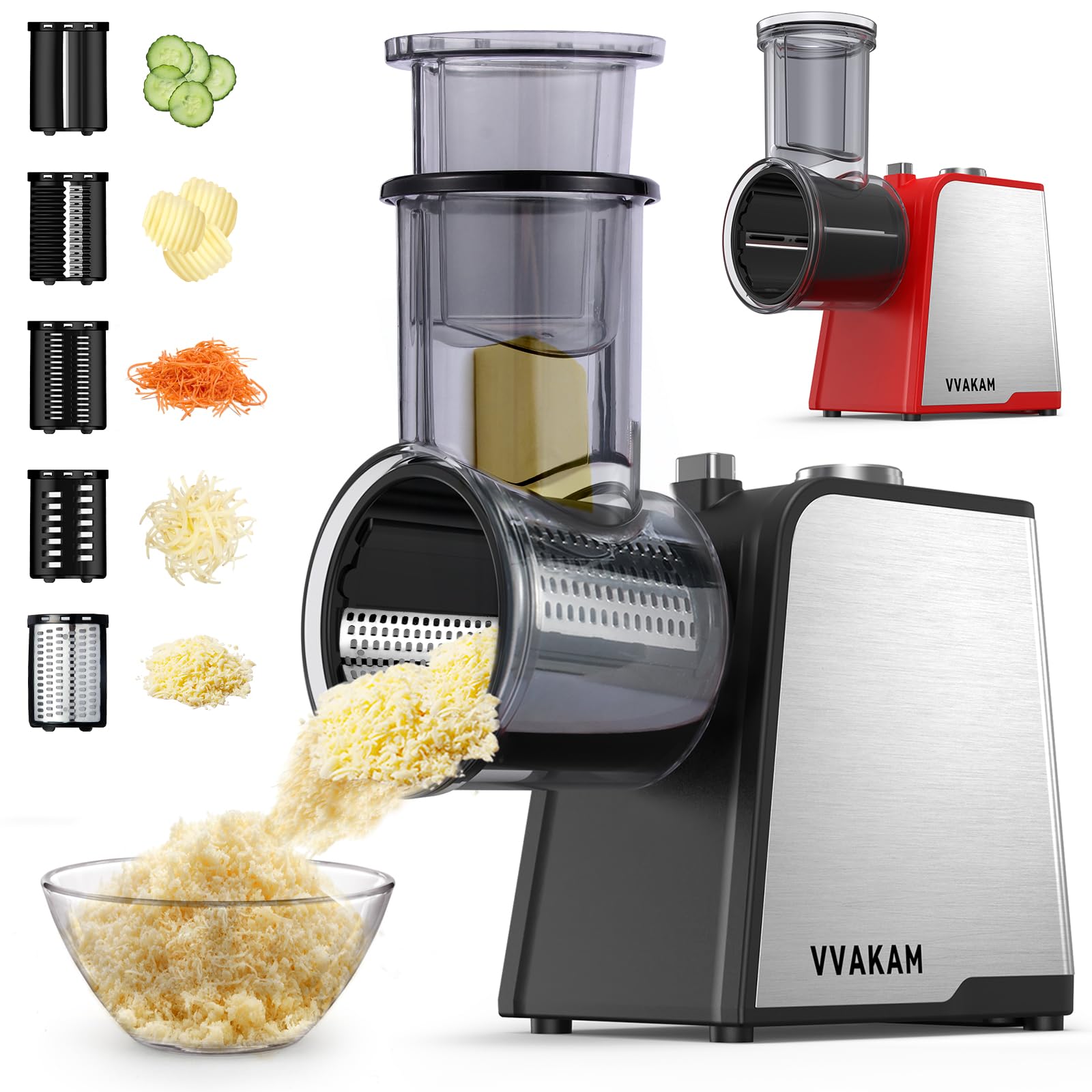 Rallador eléctrico VVAKAM 5 en 1 con motor de 300W para queso y verduras.