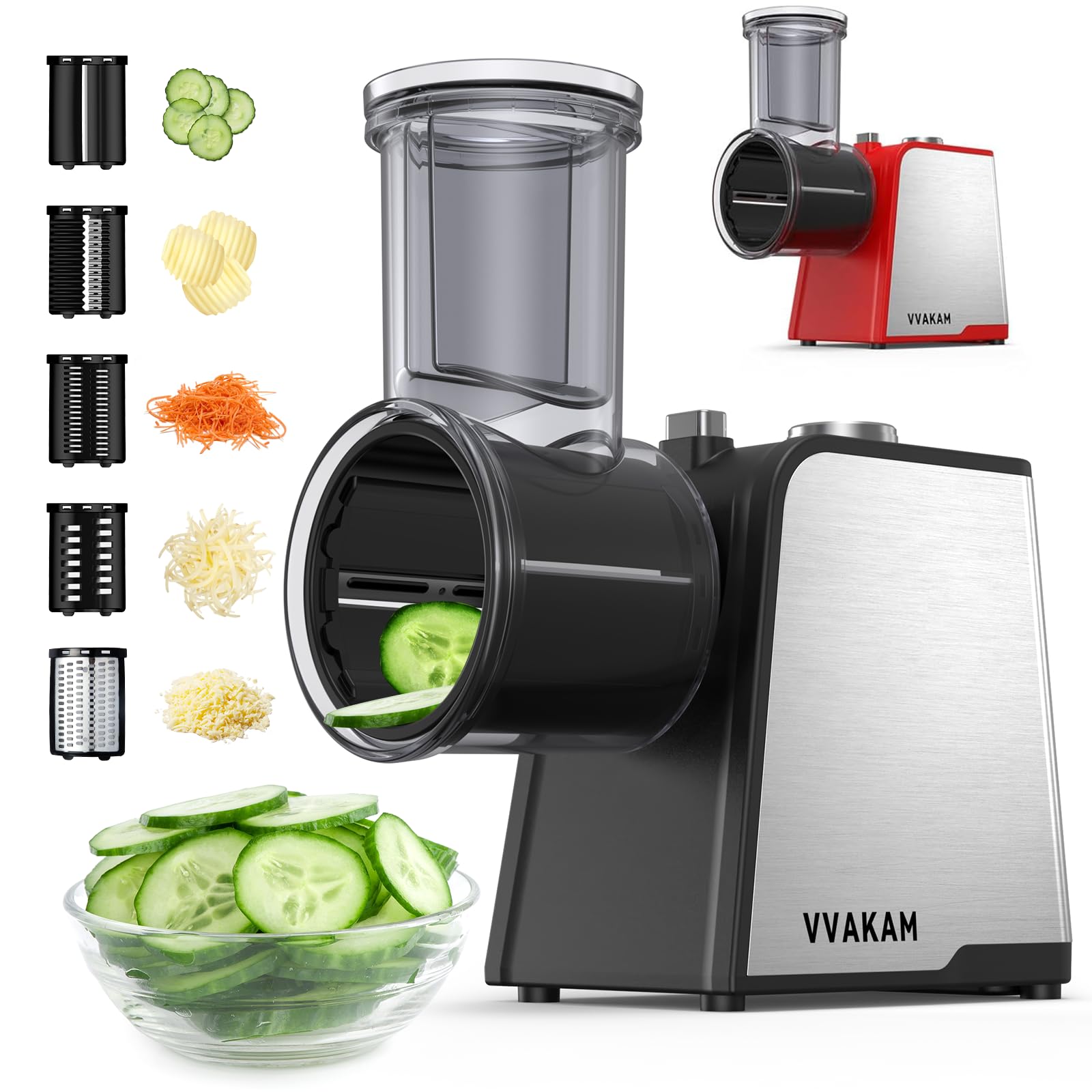 VVAKAM ralladora eléctrica con motor 300W para quesos y verduras, eficiente y silenciosa