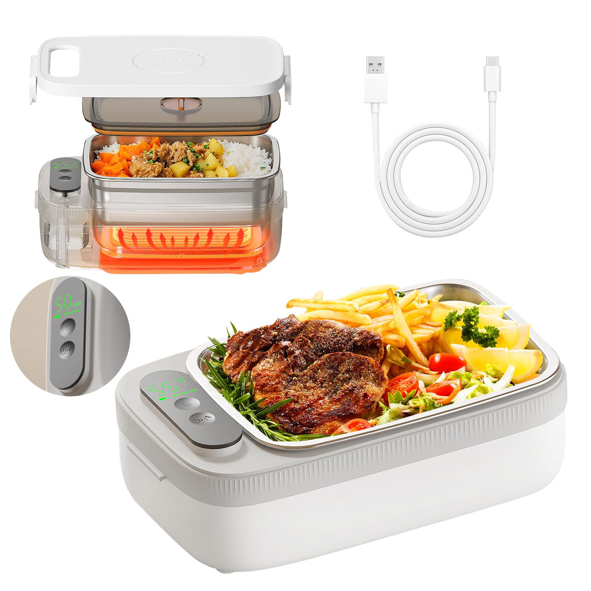 VVU&CCO caja de almuerzo calefactable 18W, vista frontal para calentar sin enchufe