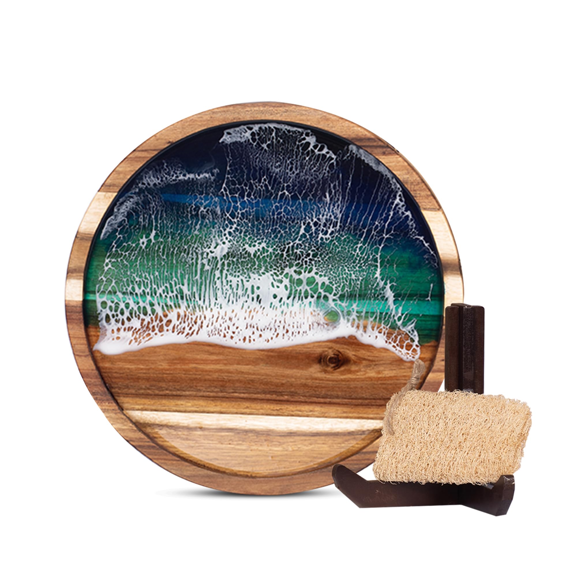 VWOOX tabla de acacia redonda con arte de resina oceánica para servir aperitivos