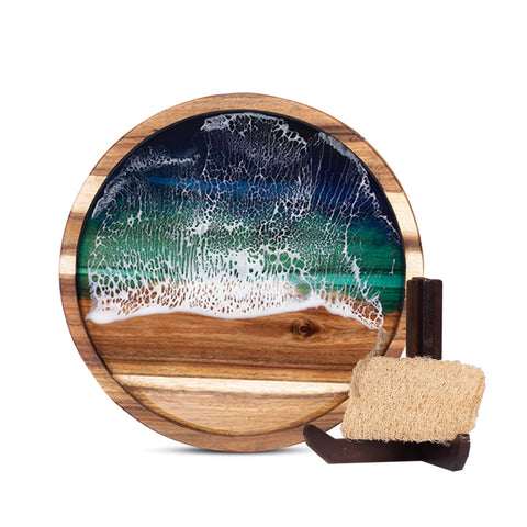 VWOOX tabla de acacia redonda con arte de resina oceánica para servir aperitivos