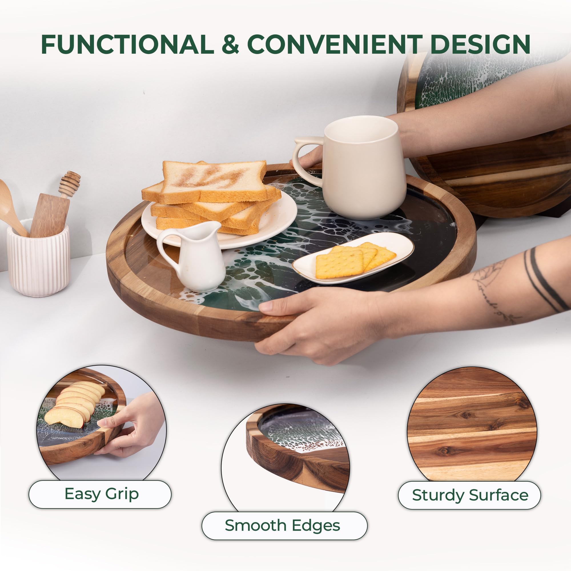 Acacia natural con veta única, ideal para presentar tablas y comidas.