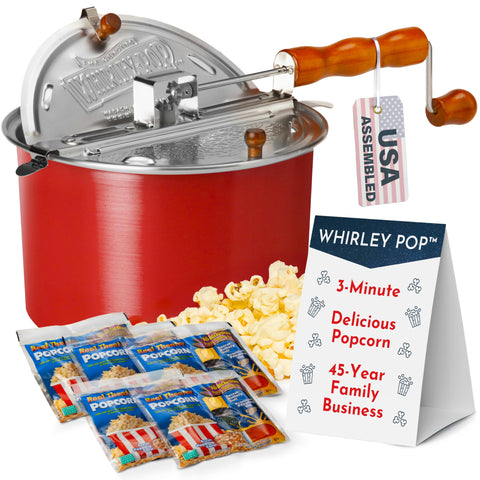 Whirley Pop Original en uso para palomitas rápidas en casa.