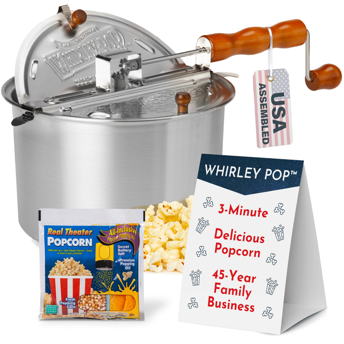 Whirley Pop de Wabash Valley Farms cazo para palomitas de seis cuartos, cocción rápida.