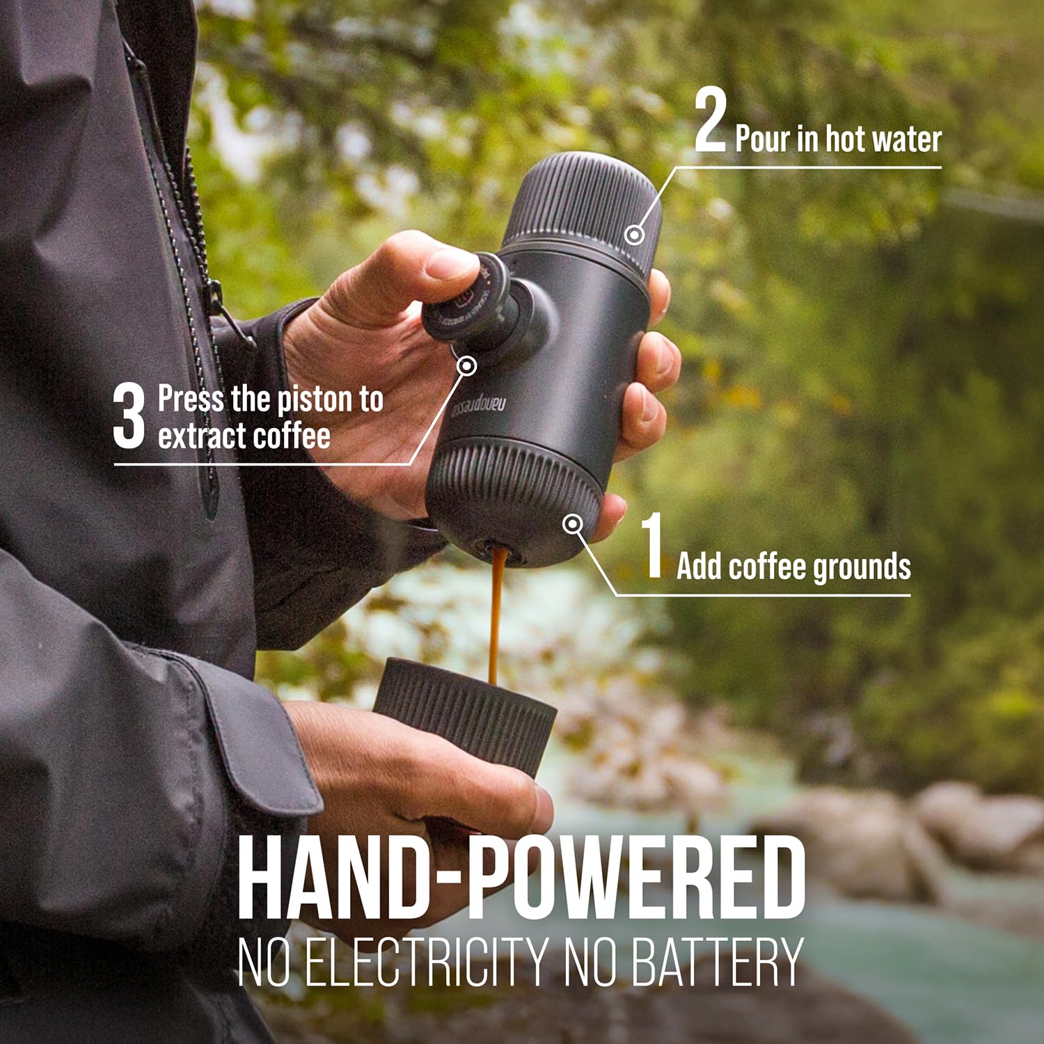 Nanopresso de WACACO, operación manual sin batería para espresso rápido