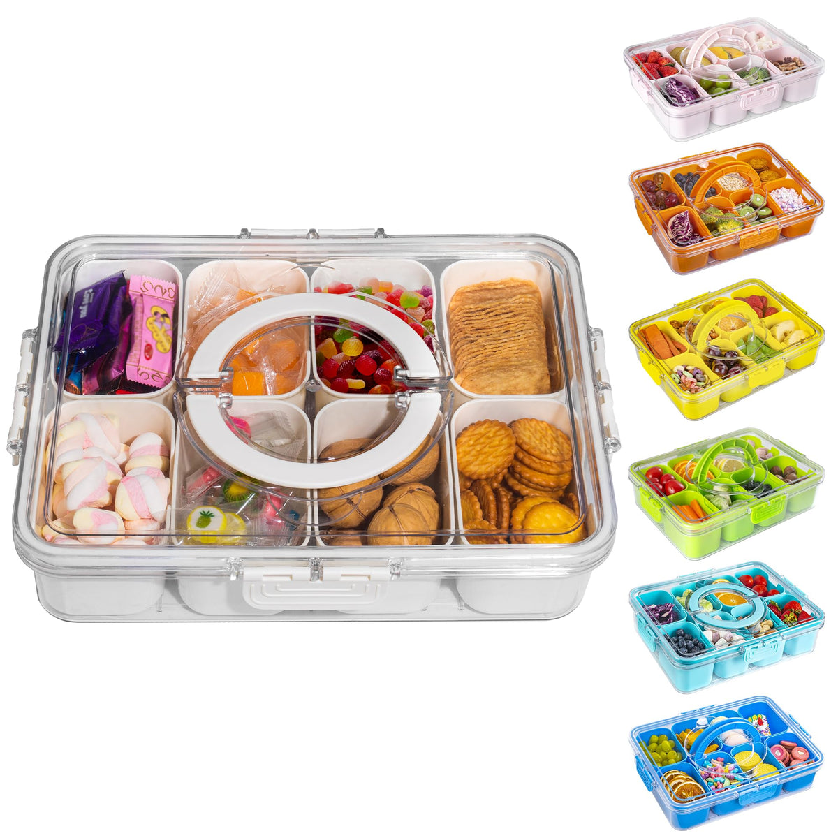 WACOI: bandeja dividida con tapa y manija para transportar meriendas fácilmente.