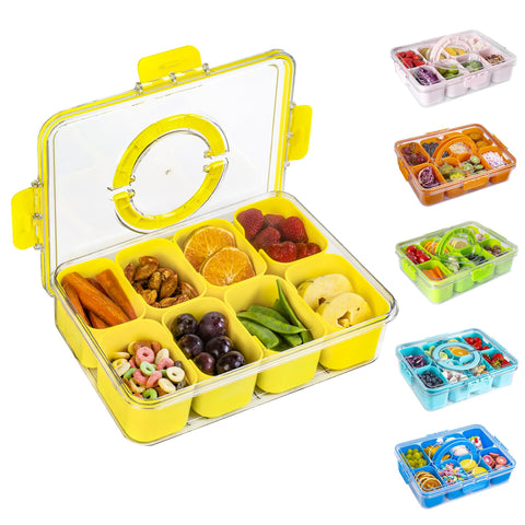 Bandeja WACOI dividida con tapa amarilla para snacks ordenados durante el viaje.