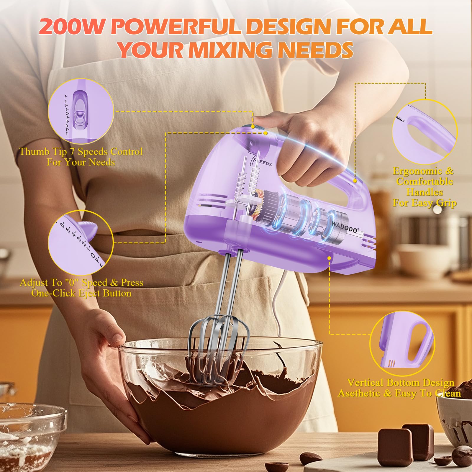 Diseño ergonómico de la batidora WADODO para un agarre cómodo.