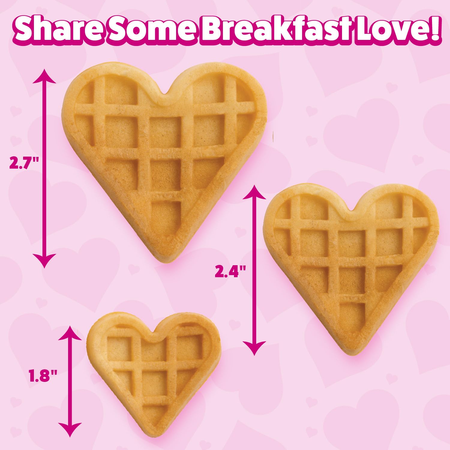 Waffle Wow desayuno familiar alegre con corazones en la sartén.