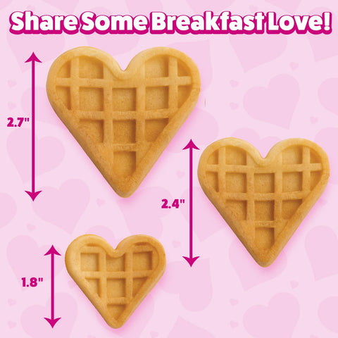 Waffle Wow desayuno familiar alegre con corazones en la sartén.