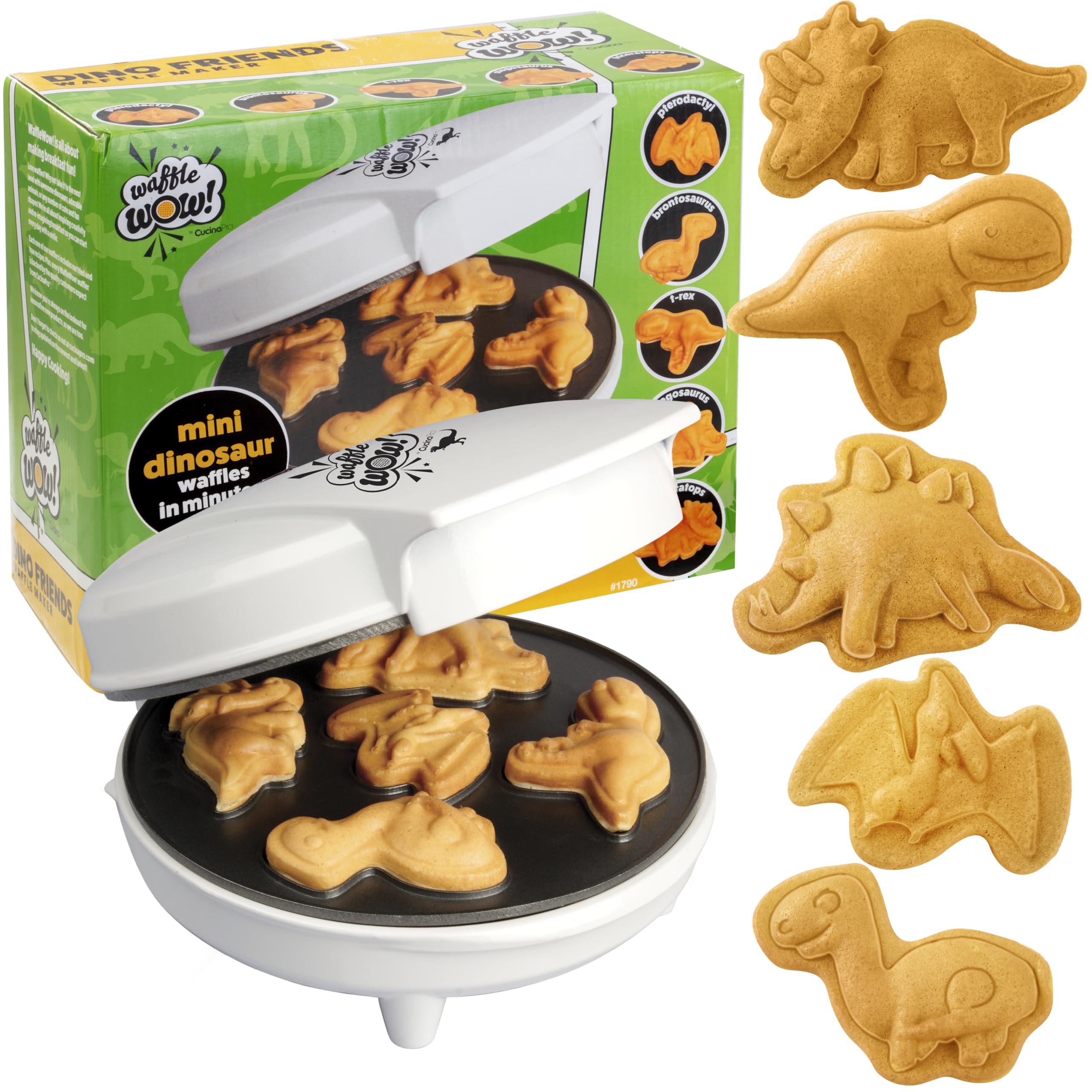Waffle Wow Dinosaurio mini waflera 3D, doble cara para desayunos divertidos.