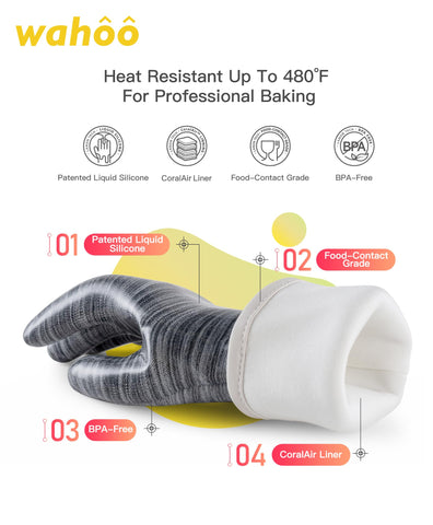 Guantes Wahoo colocados en la mano, demostrando destreza para manejar platos resbaladizos