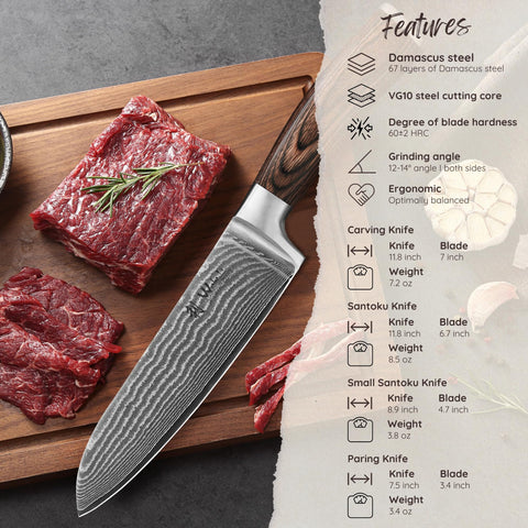 Cuchillo Santoku pequeño Wakoli EDIB con damasco, ideal para hierbas y frutos
