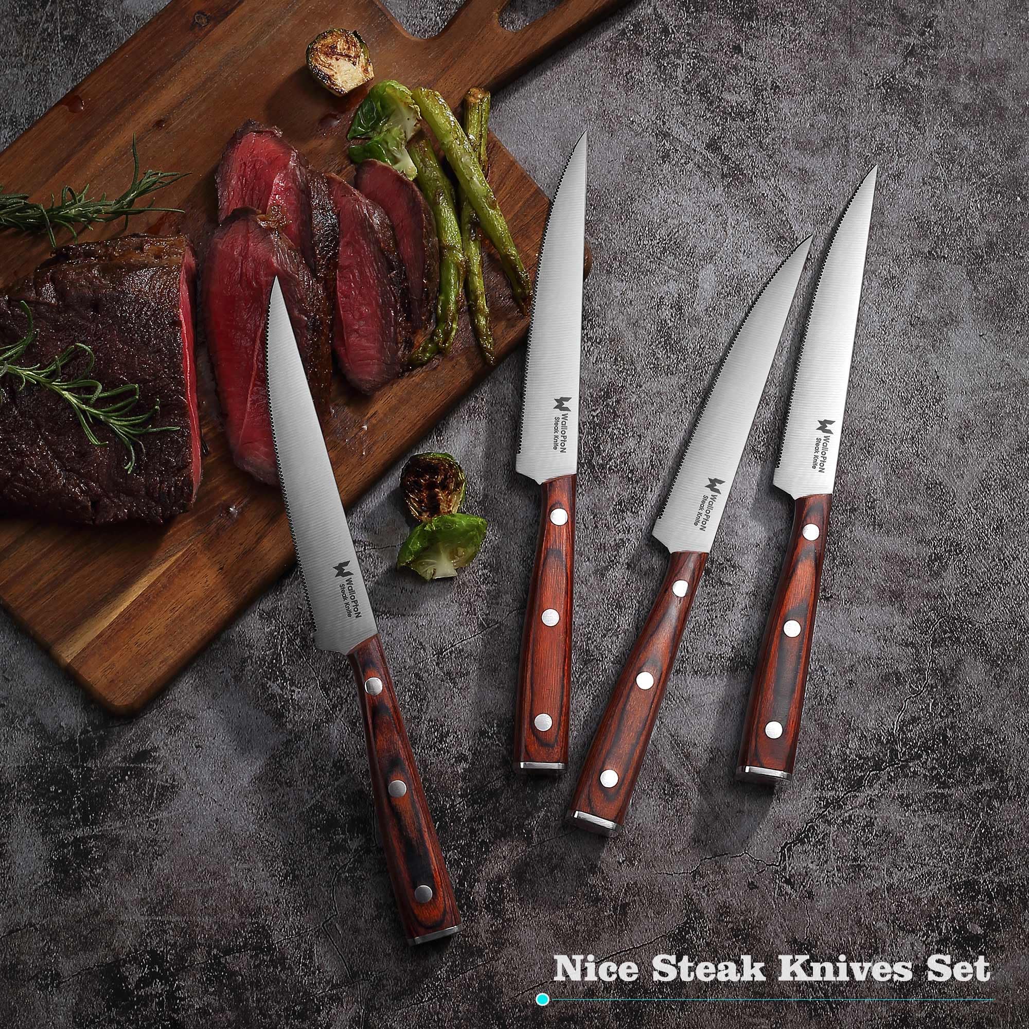 Corte de carne preciso con cuchillo WALLOPTON en mesa.