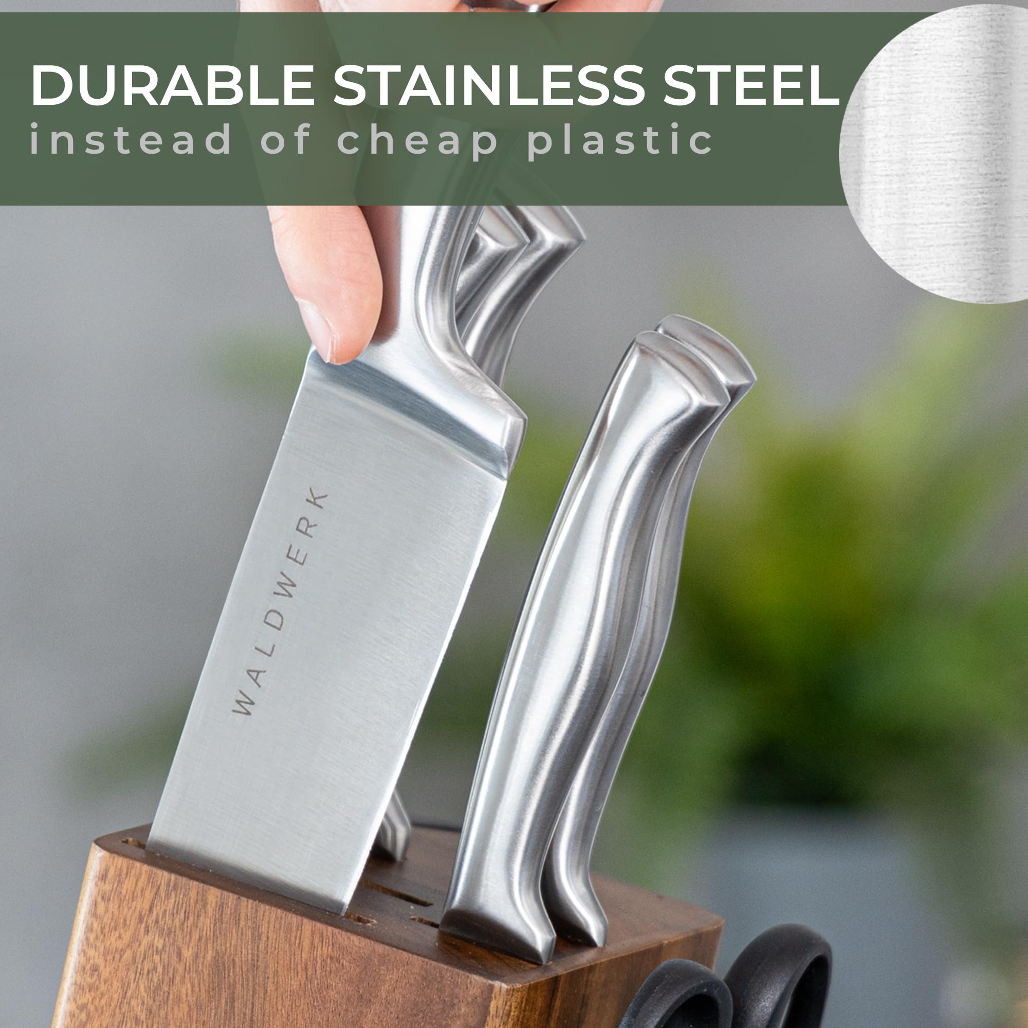 Cuchillos WALDWERK con acero inoxidable y mango ergonómico, agarre cómodo para cortar.
