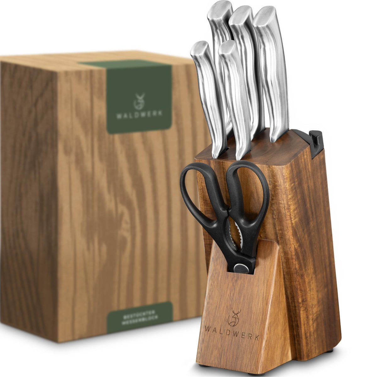 El WALDWERK juego de cuchillos de 7 piezas con banco de acacia, organización elegante para la cocina.