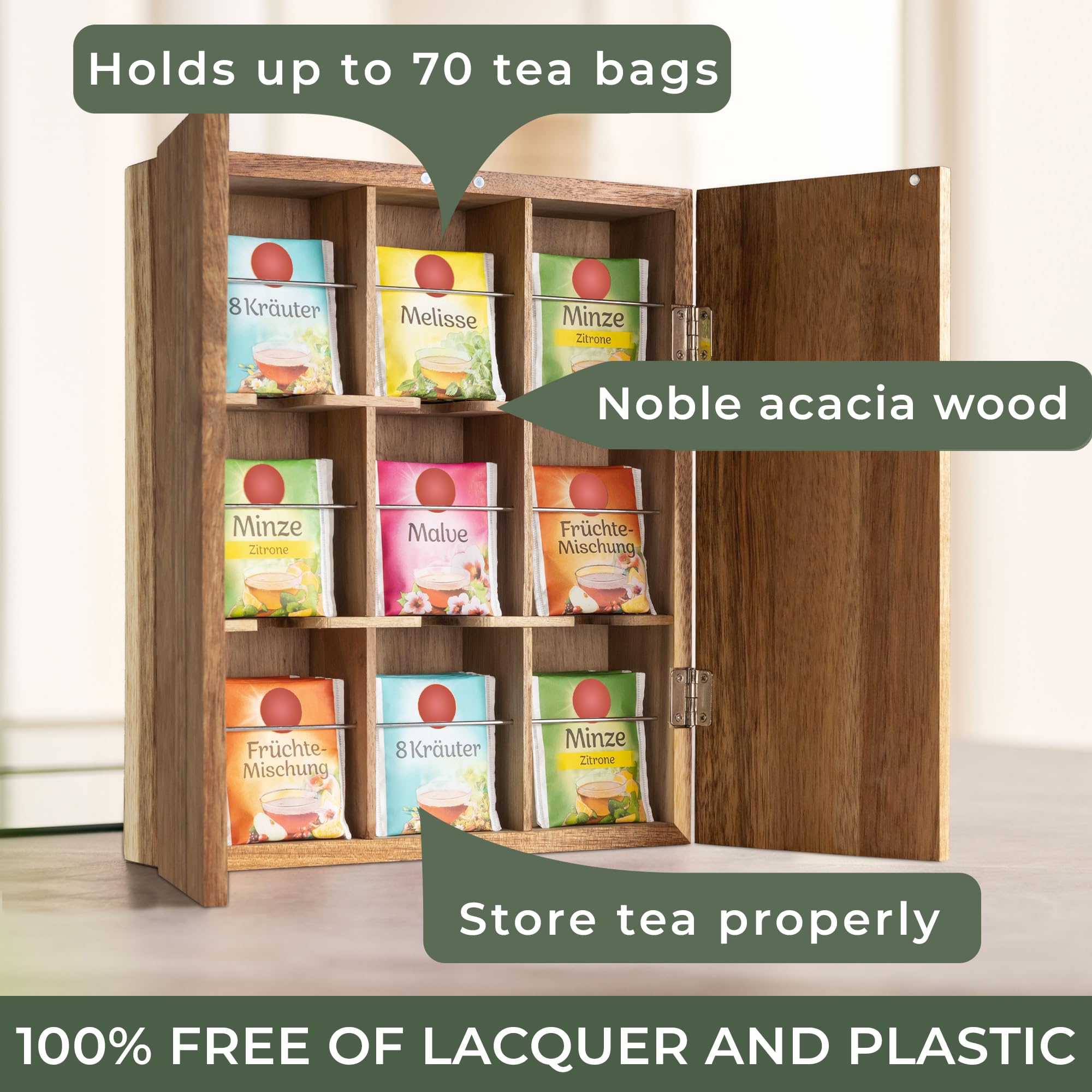 WALDWERK Organizador de té con diseño inteligente y cortes internos facilita retirar bolsitas.
