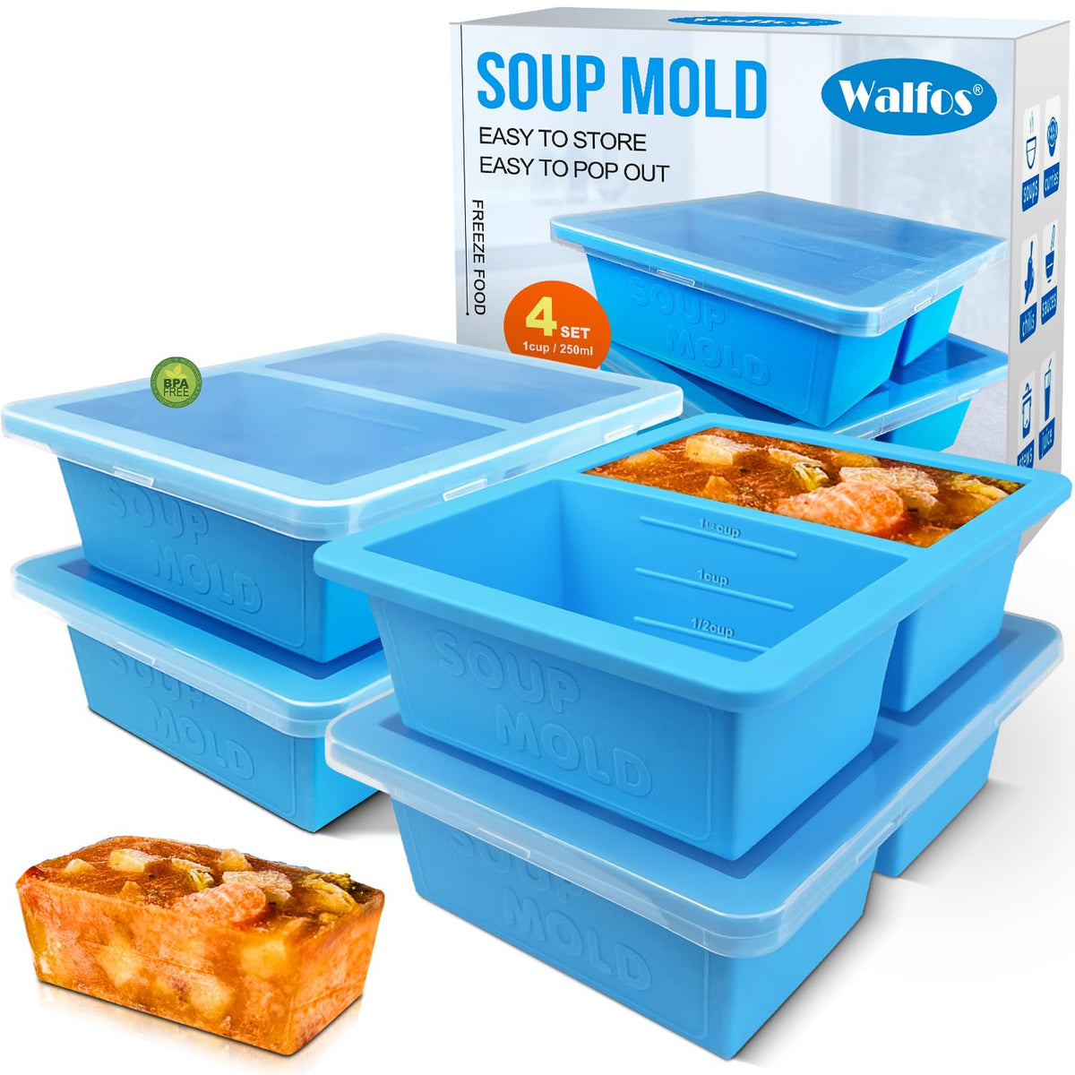 Bandeja congeladora Walfos de silicona con tapa azul para porciones de 1,5 tazas.