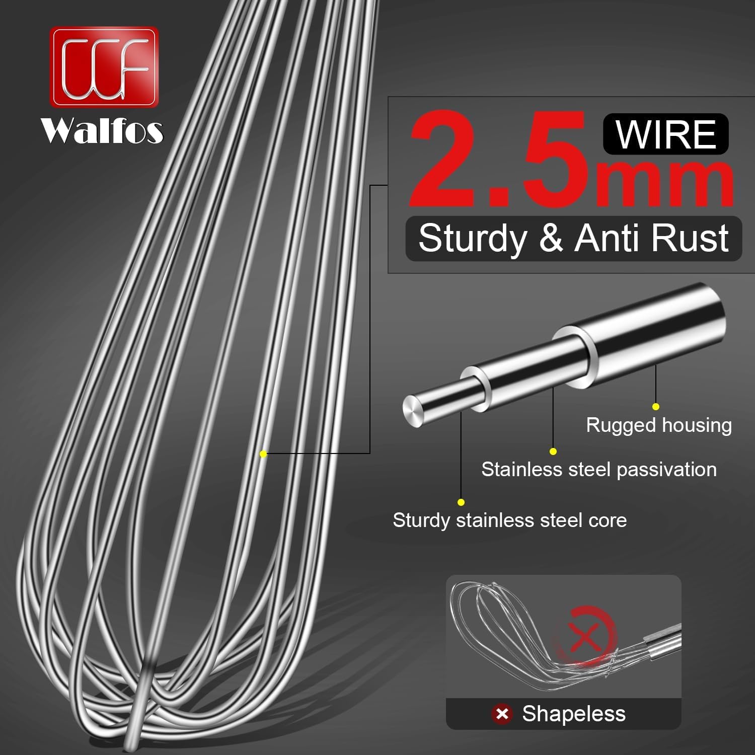 Batidor Walfos 14p uso doméstico y profesional, versátil para cocina grande.