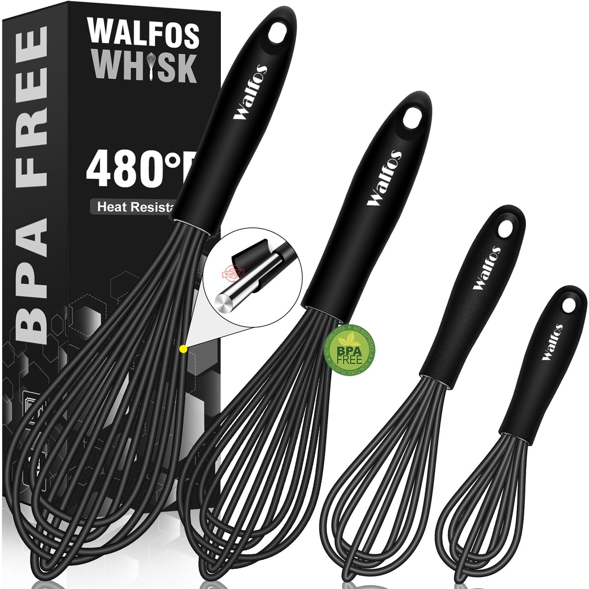 Walfos batidor de silicona set de 4, ideal para batir crema y evitar rayaduras.