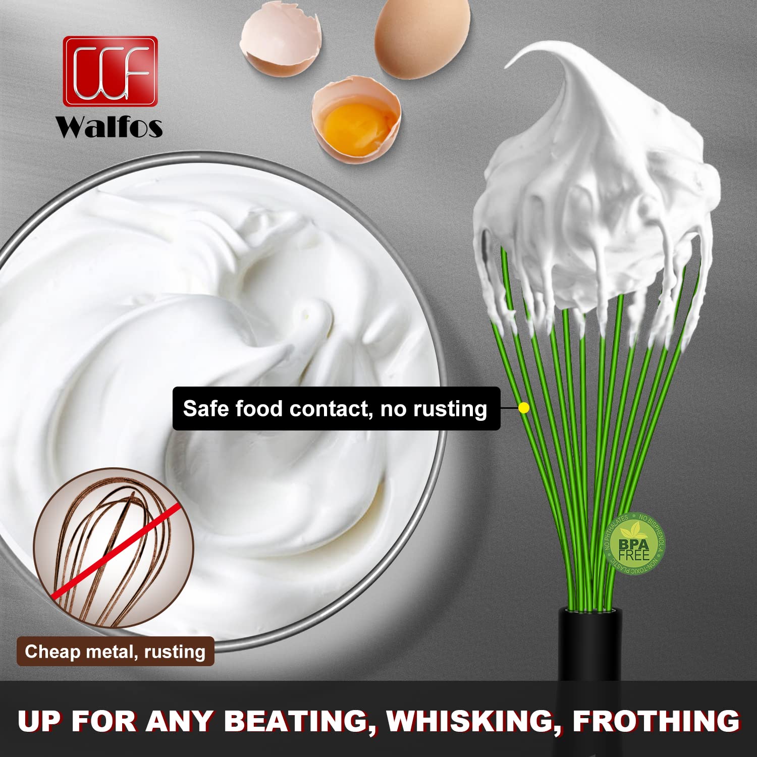 Walfos batidora de silicona con mango ergonómico, agarre estable incluso con manos mojadas.