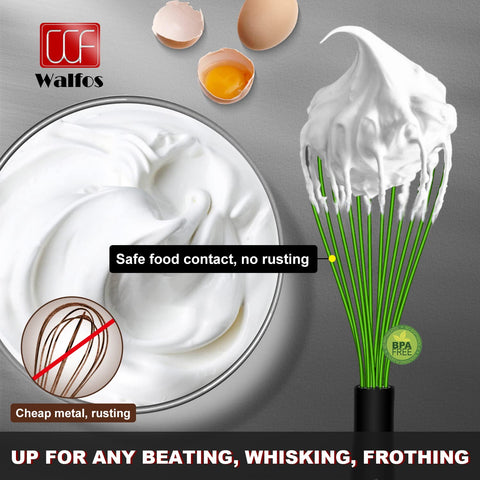 Walfos batidora de silicona con mango ergonómico, agarre estable incluso con manos mojadas.