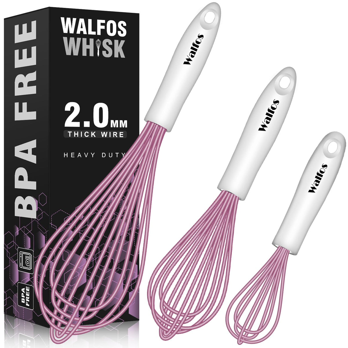 Walfos batidor de silicona rosa, 3 piezas, ideal para sartenes antiadherentes