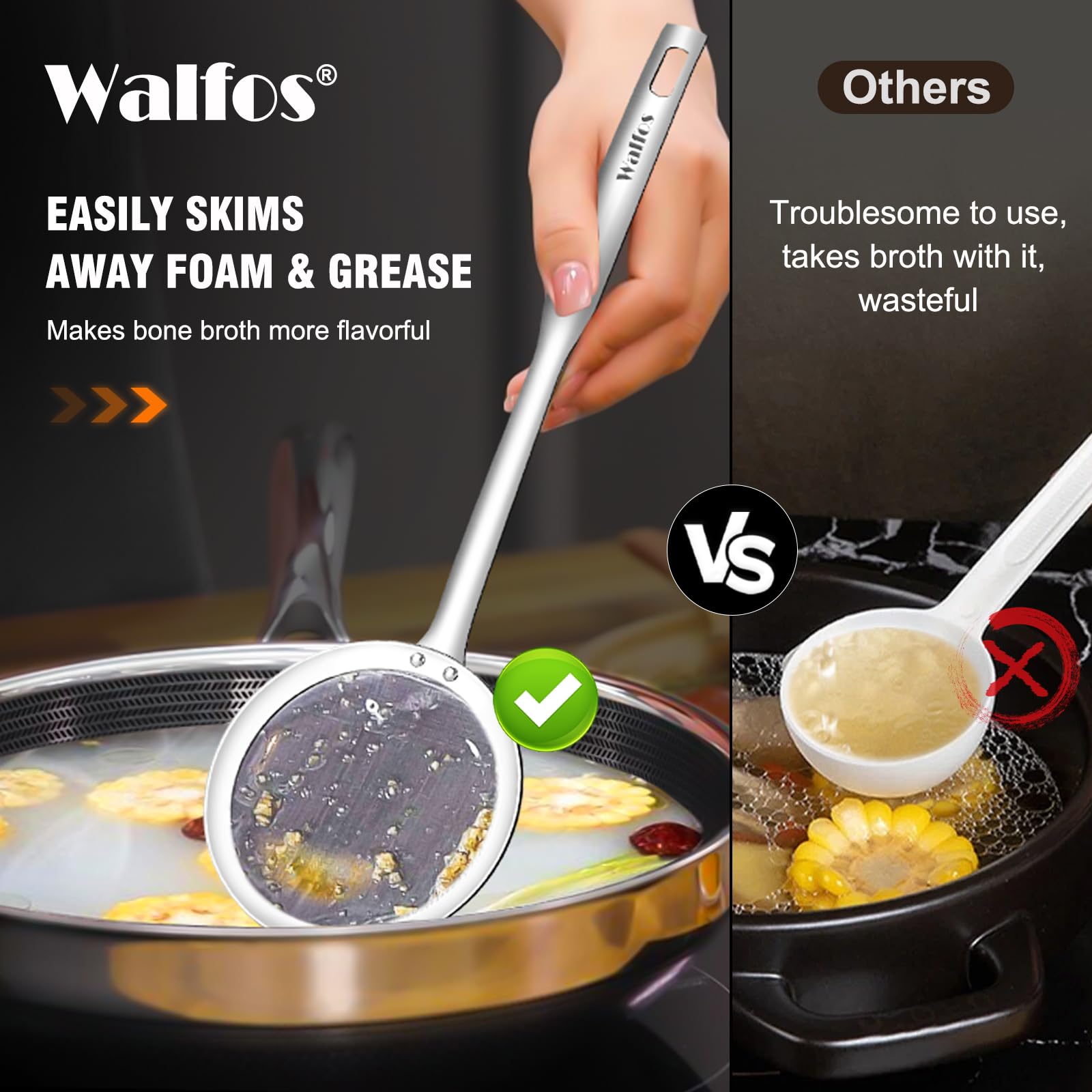 Permite separar espuma y grasa de caldos de forma suave