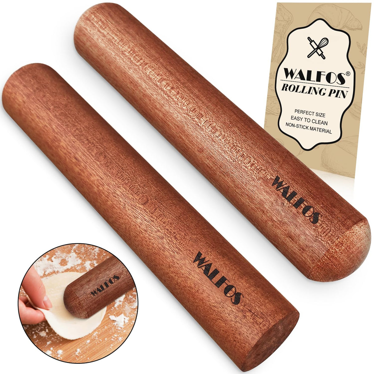 Walfos rodillo mini natural de madera sapele con acabado liso para masa uniforme.