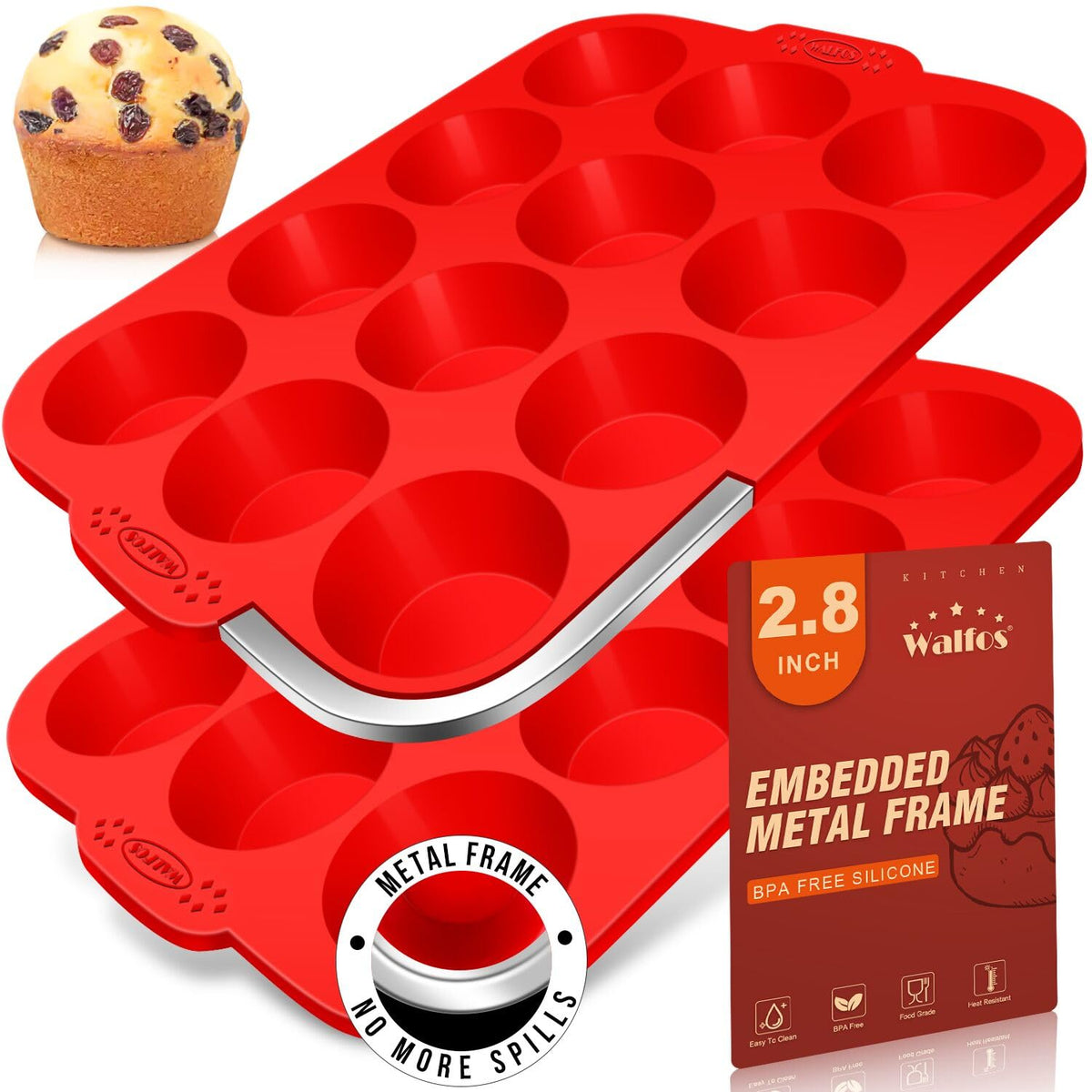 Moldes Walfos para muffins con marco metálico, fácil transporte y sin derrames.