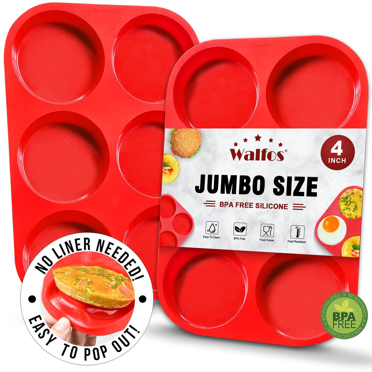 Bandeja Walfos de silicona para porciones superiores de magdalenas 4 pulgadas, desmolde fácil sin grasa extra.
