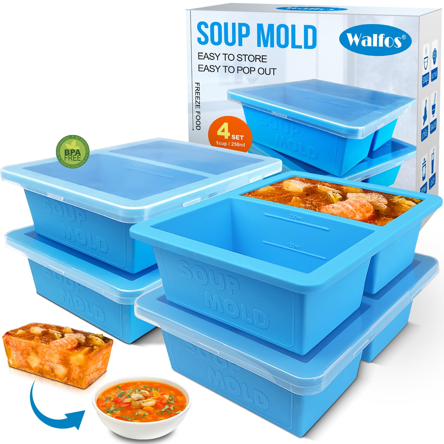 Walfos moldes de silicona 1 taza para sopa con tapa, desmolde fácil.