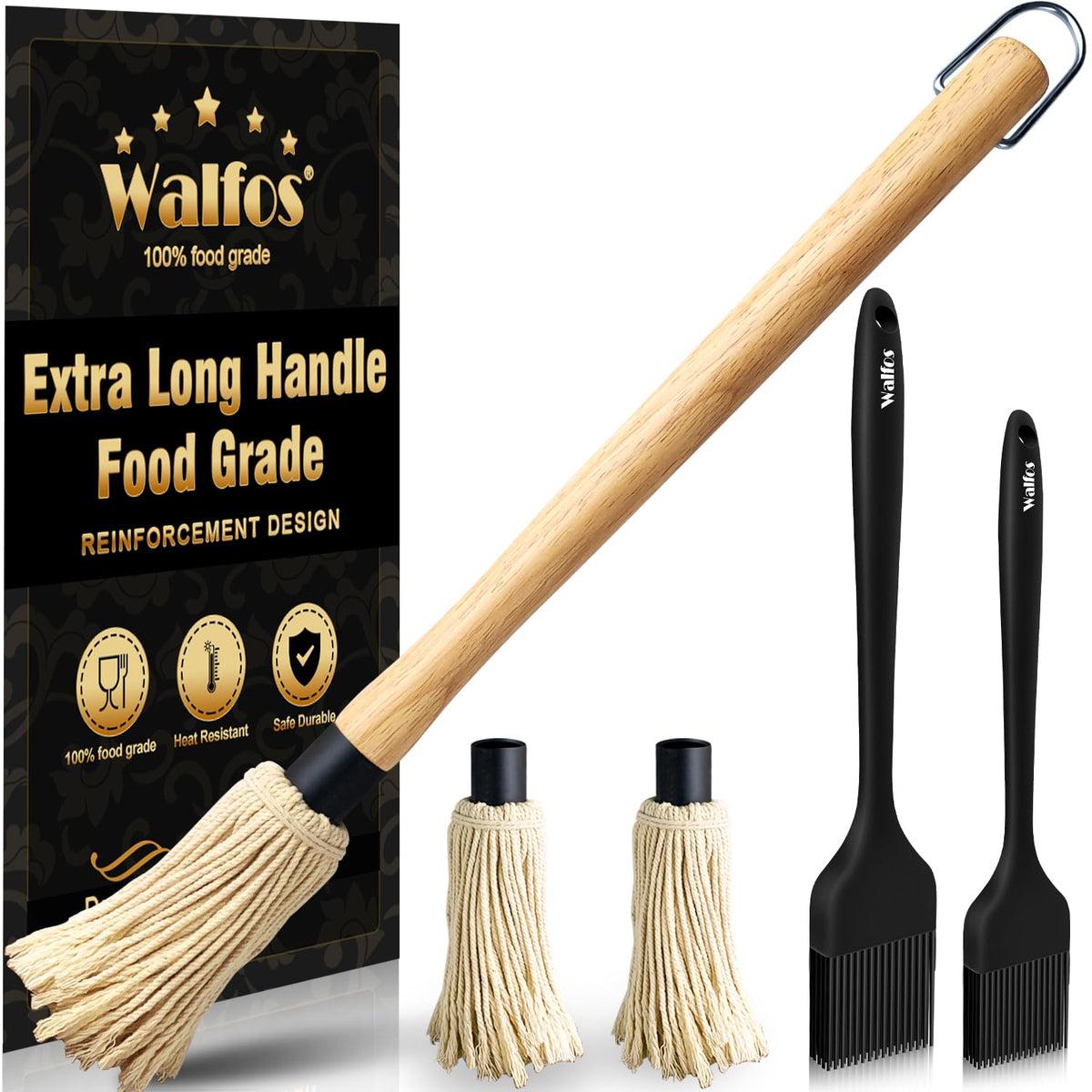 Wal Fos mopa de basteado con mango de madera, ideal para rociar salsa sin quemarte.