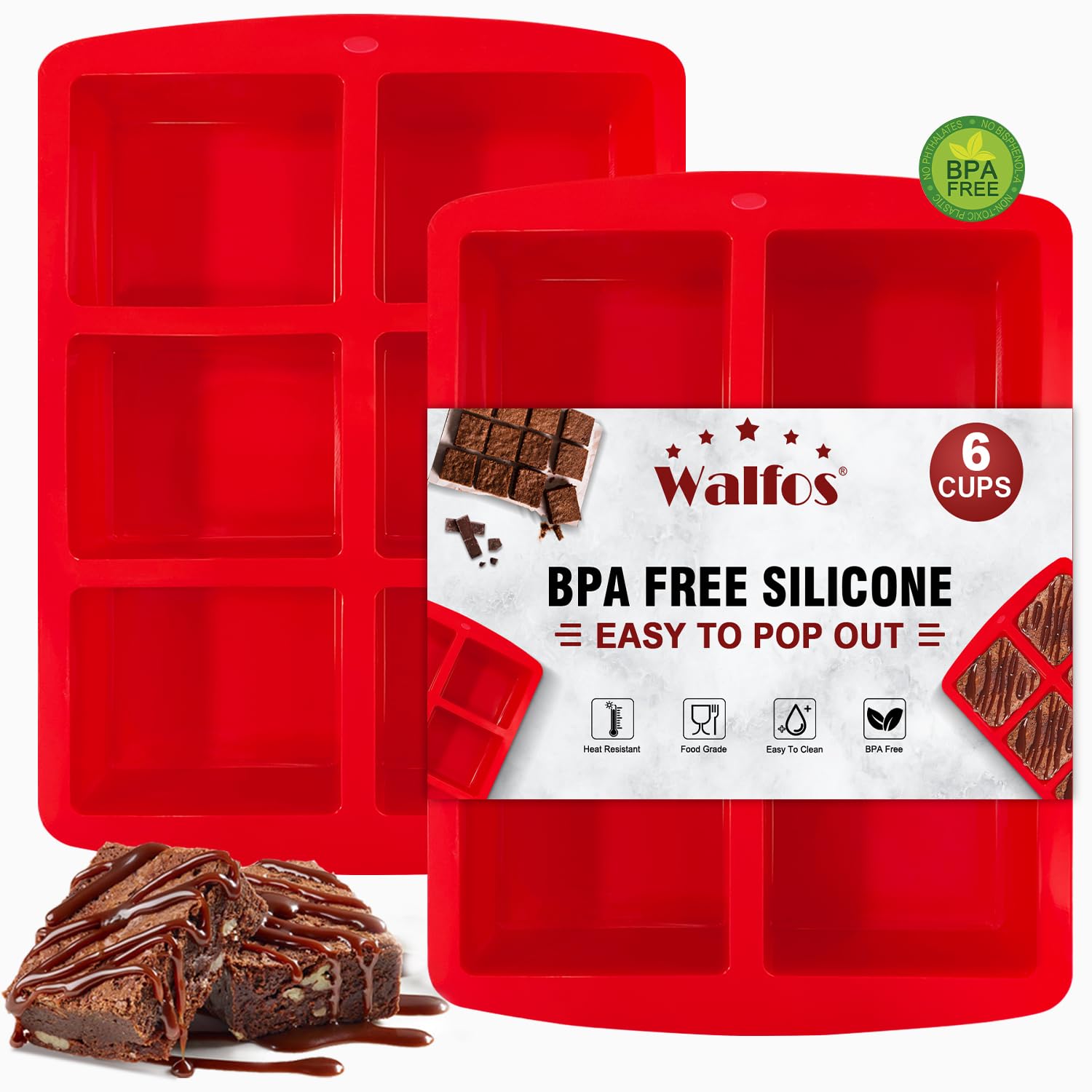 Walfos pan mini silicona brownie 6 cavidades, ideal para porciones individuales.