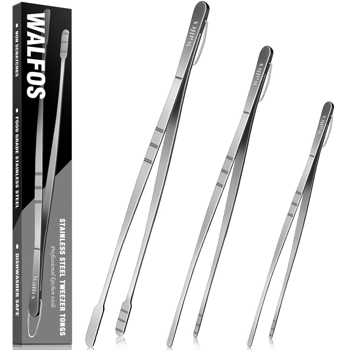 Pinzas WALFOS para cocinar, tamaño 8 pulgadas, agarre seguro y control preciso.