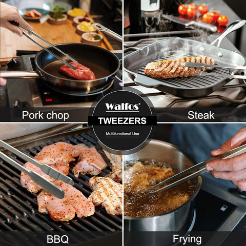 Pinzas WALFOS para grill, agarre estable para asados.