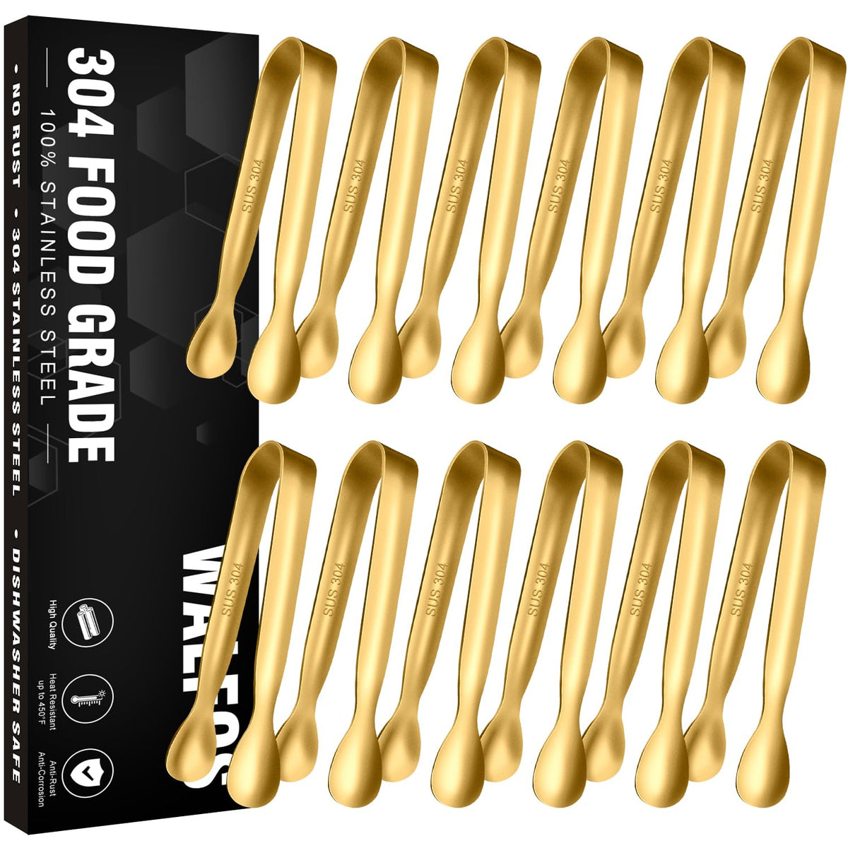 Pinzas doradas de Walfos para servir aperitivos, prácticas y elegantes.