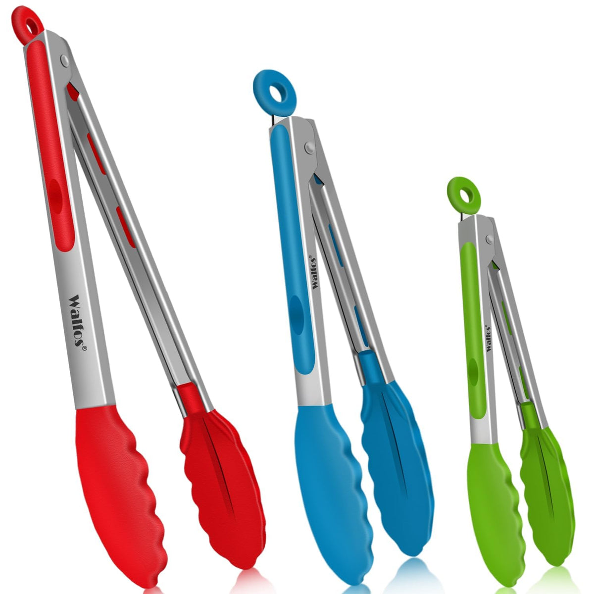 Pinzas Walfos con silicona de 7 pulgadas, ideal para saltear sin rayar ollas.
