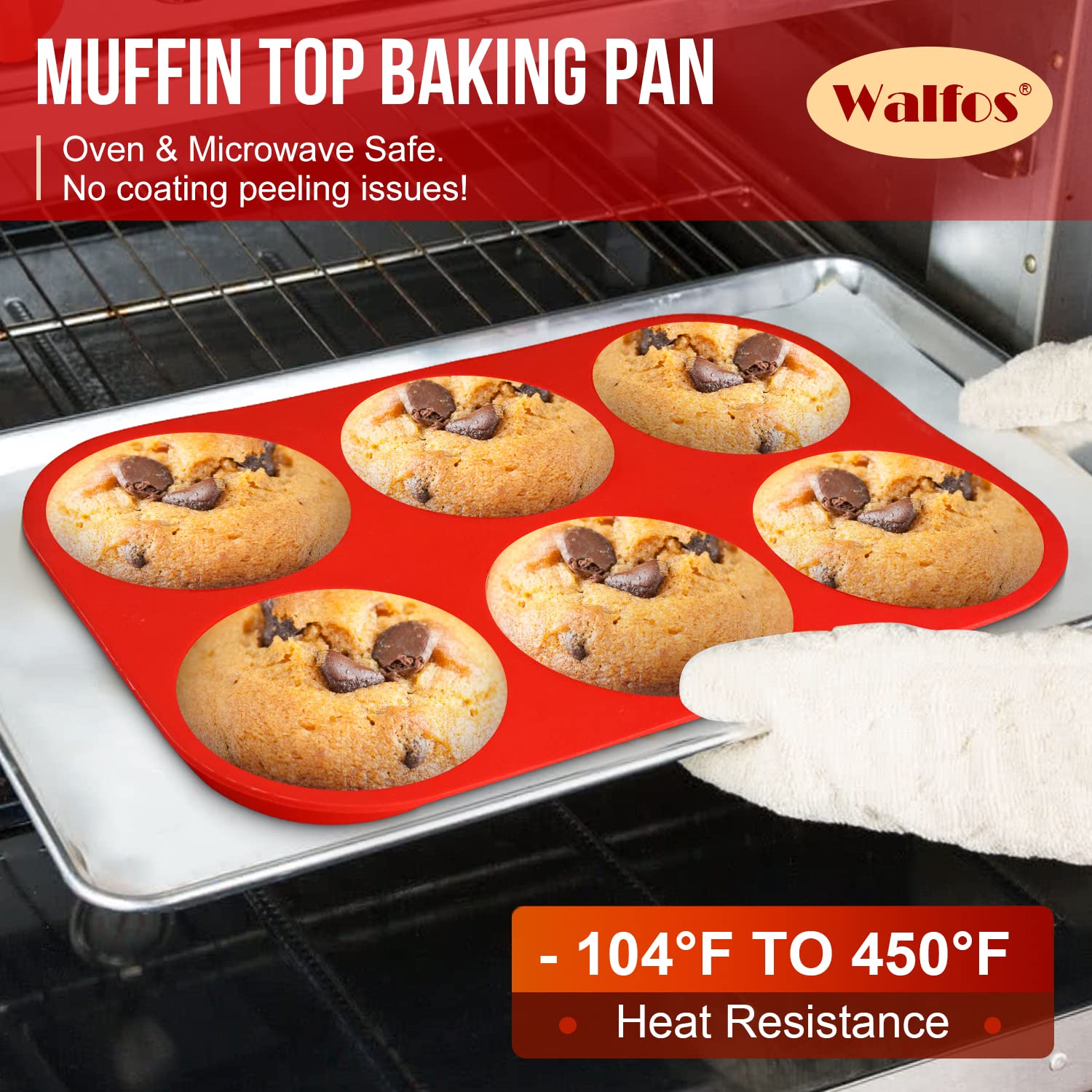 Rango de temperatura amplio con silicona Walfos, apto para horno y microondas.