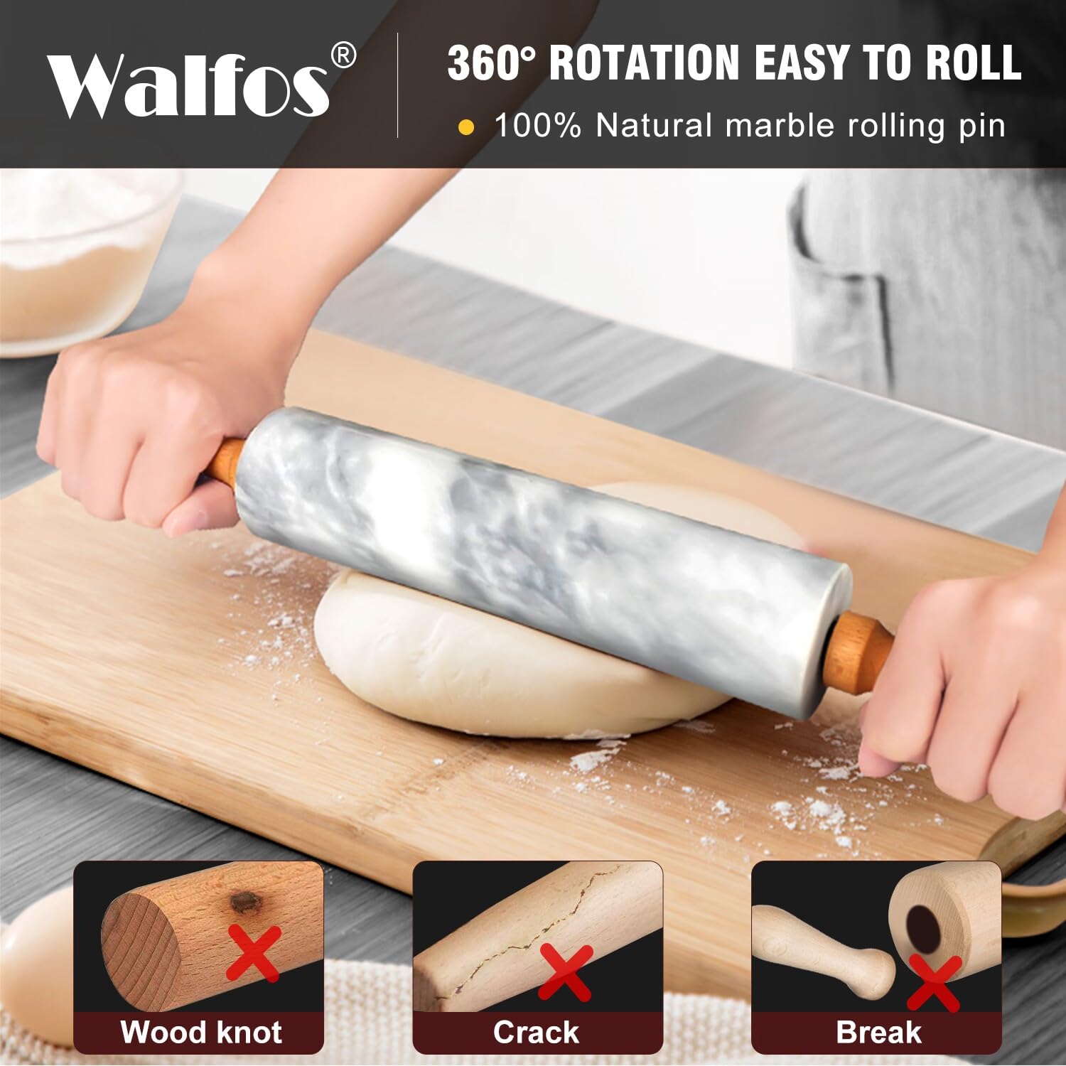 Rodillo de mármol Walfos para masa de pizza y pasta, giro suave.