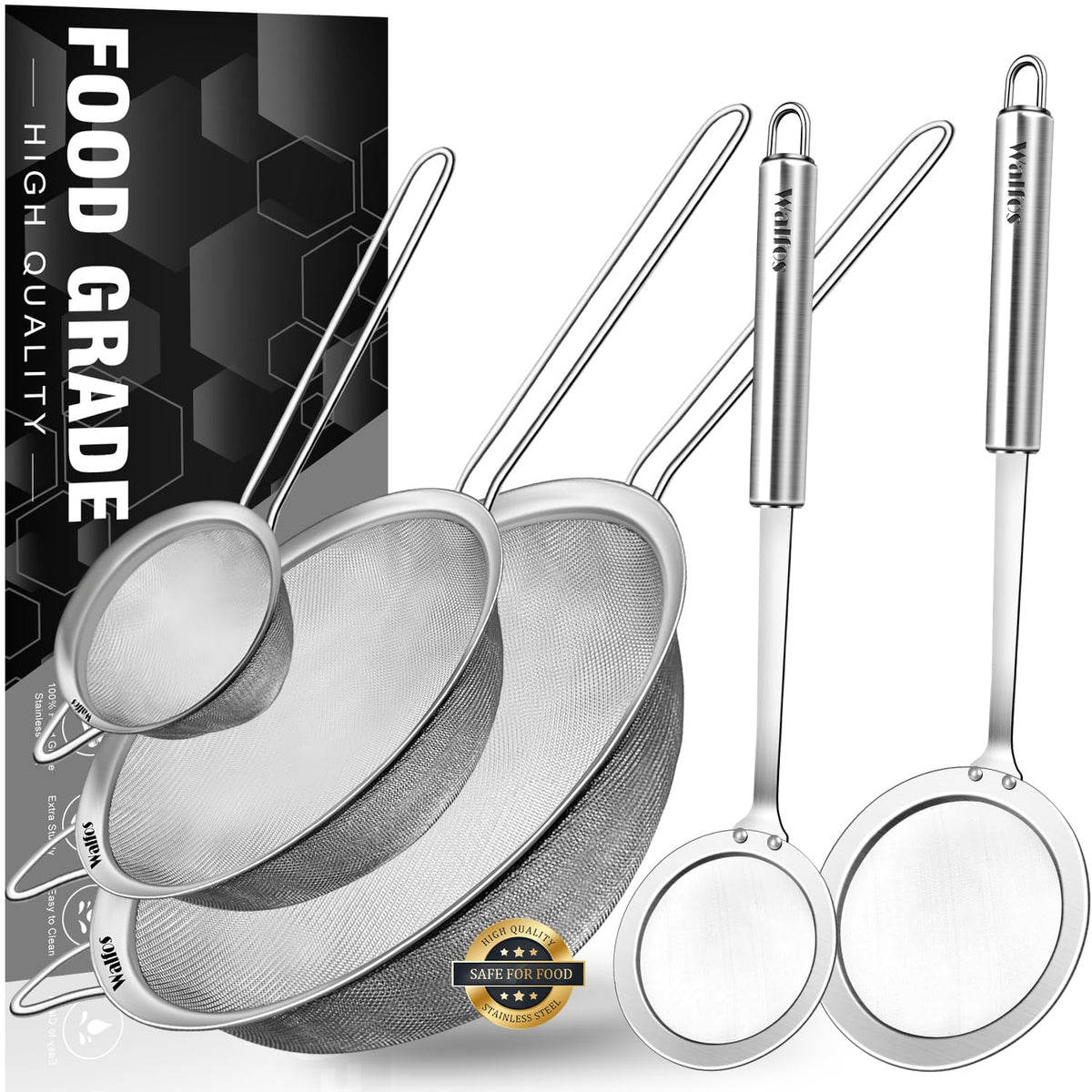 Colador de malla fina Walfos para filtrar y enjuagar ingredientes con facilidad.