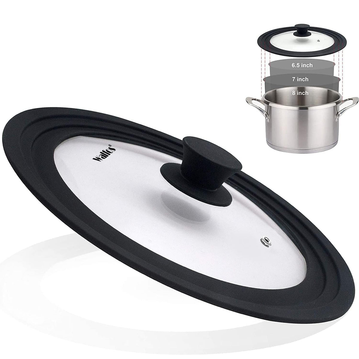 Tapa Walfos universal para olla 6.5 pulgadas, vidrio templado y control visual.