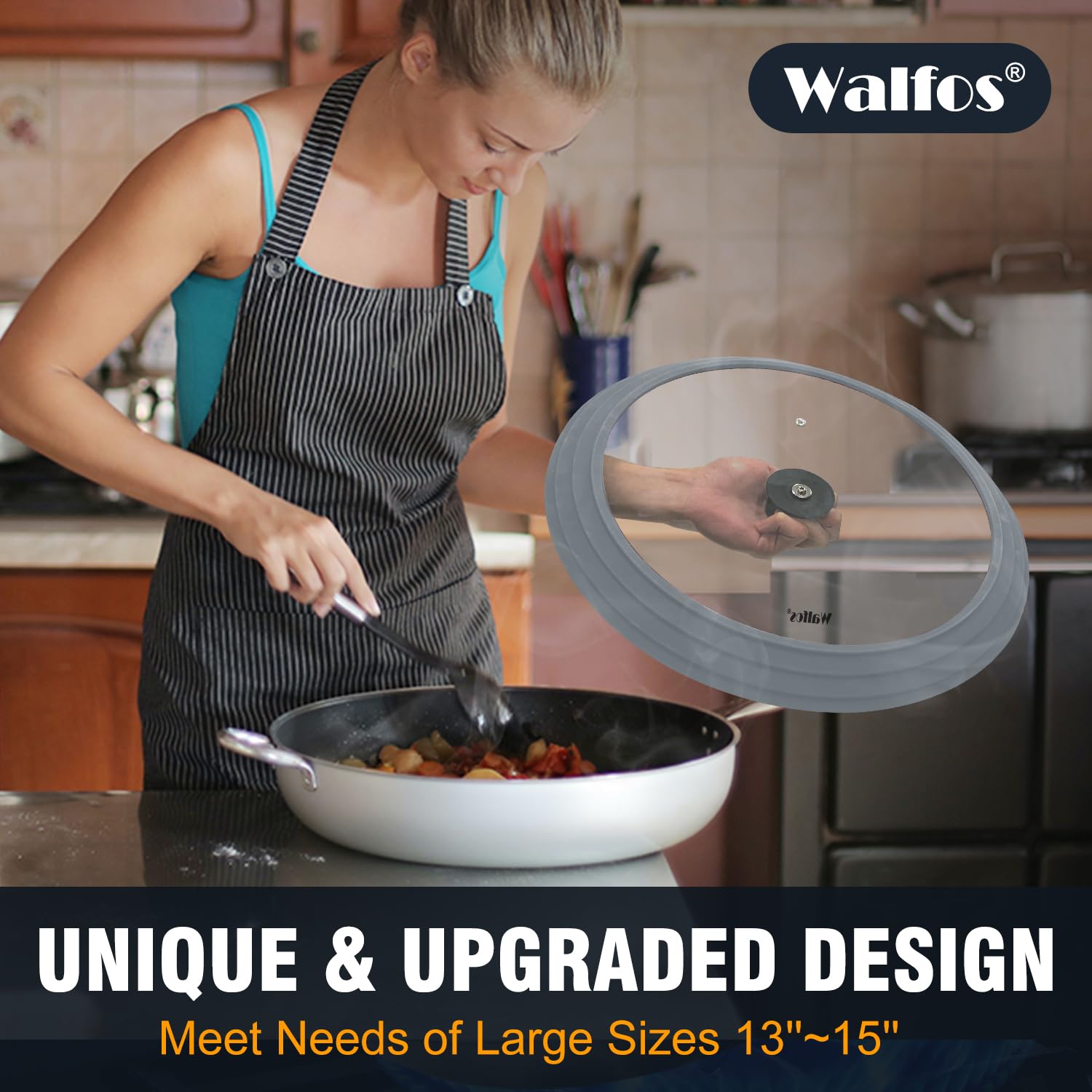 Tapa de vidrio templado Walfos con borde de silicona para sellado seguro.