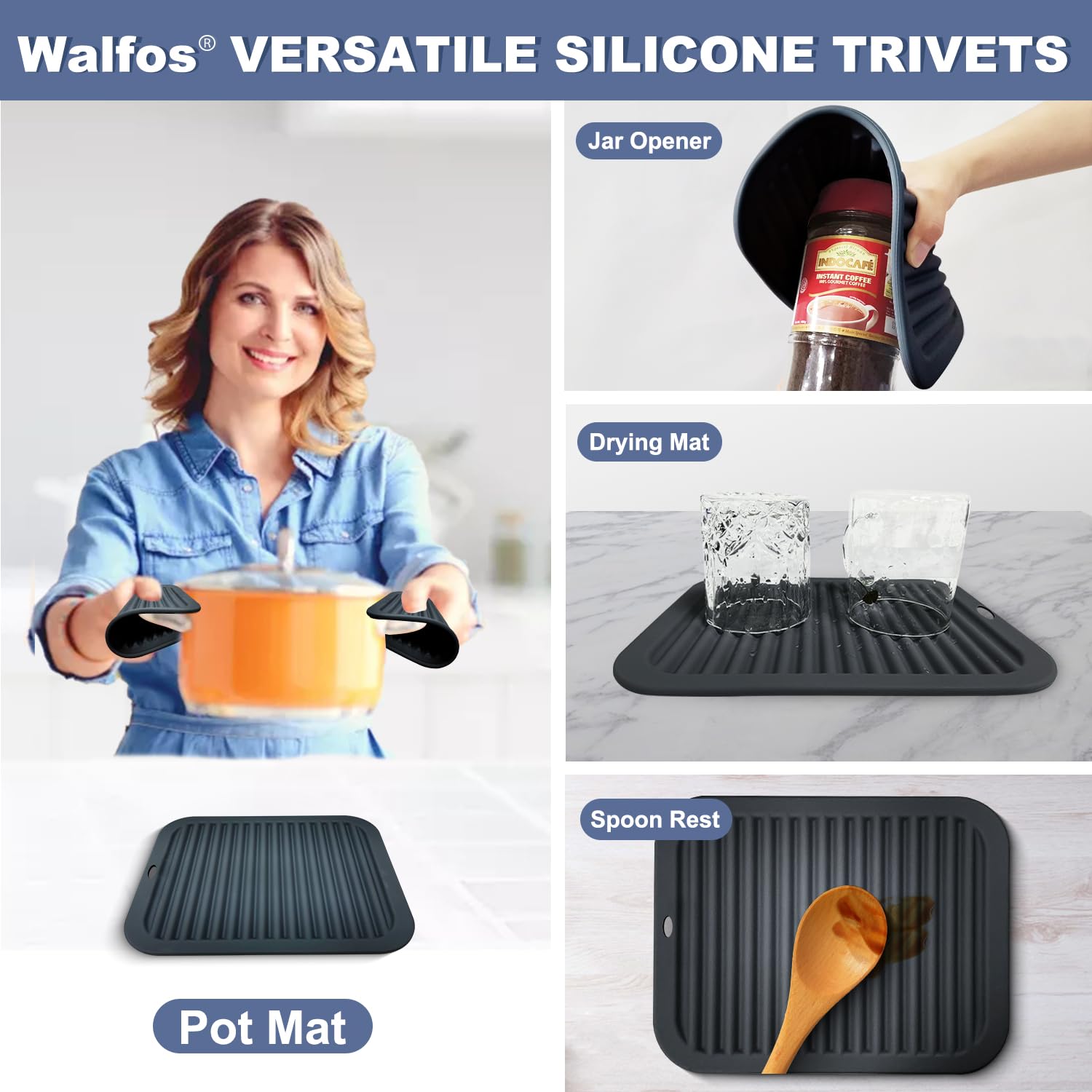 Trivets de silicona Walfos con agarre antideslizante para mesa estable.