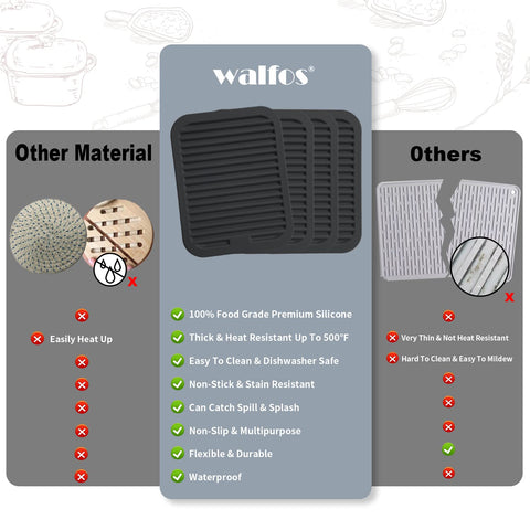 Trivets de silicona Walfos apilables para guardado cómodo en cocina.