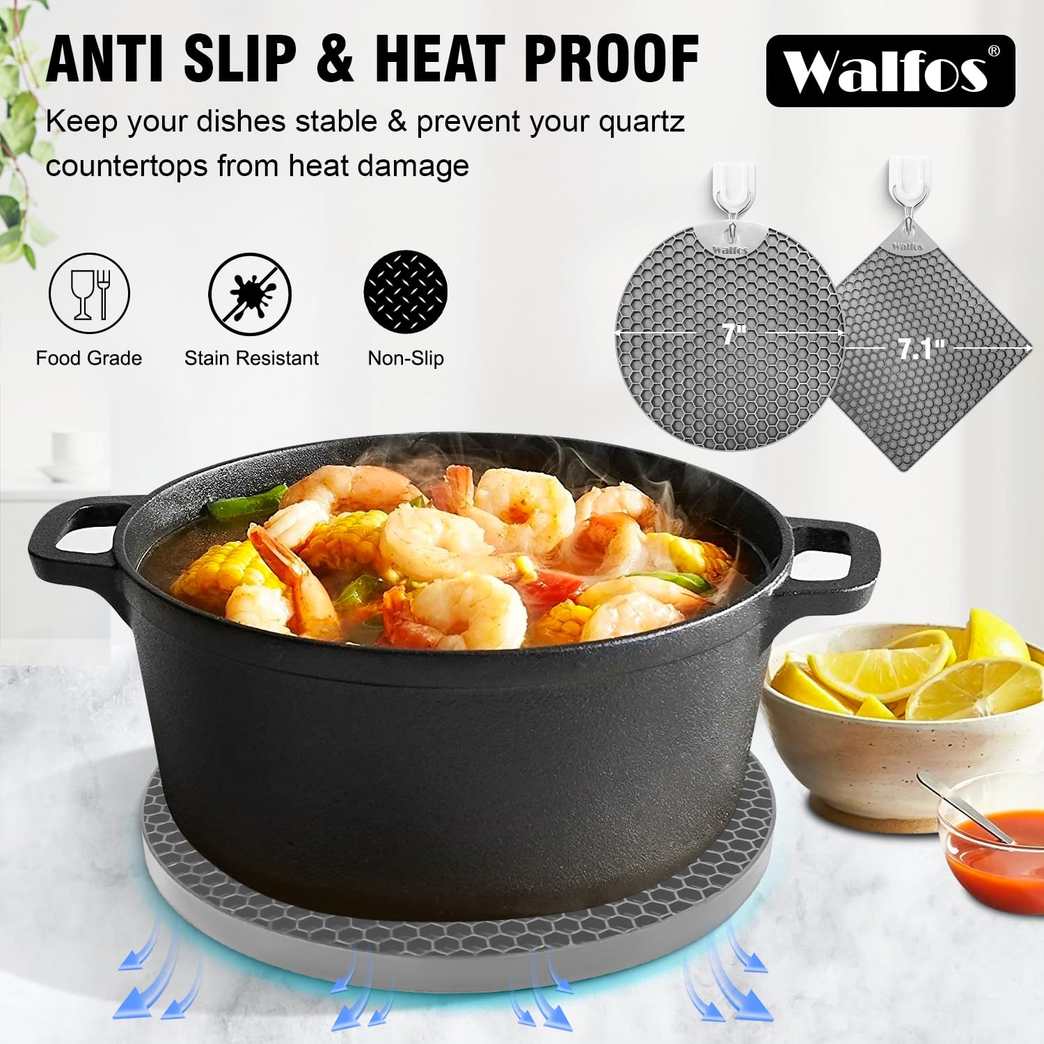 Posavasos de silicona Walfos aptos para lavavajillas y fácil limpieza.