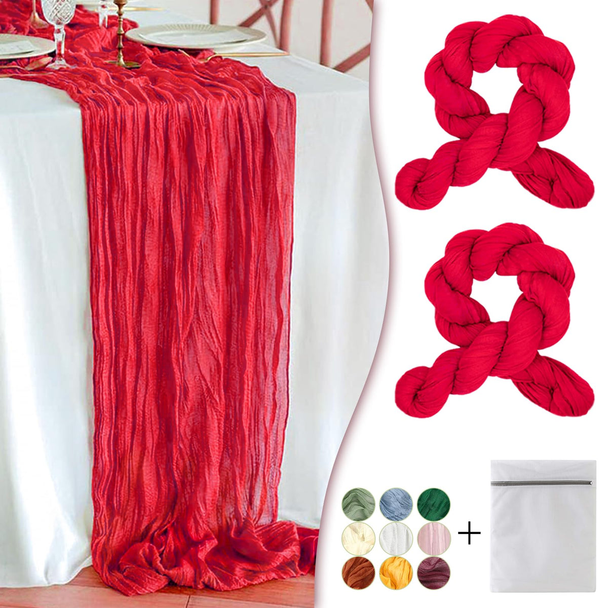 Waligoy camino de mesa de gasa roja, dos piezas listas para decorar bodas.