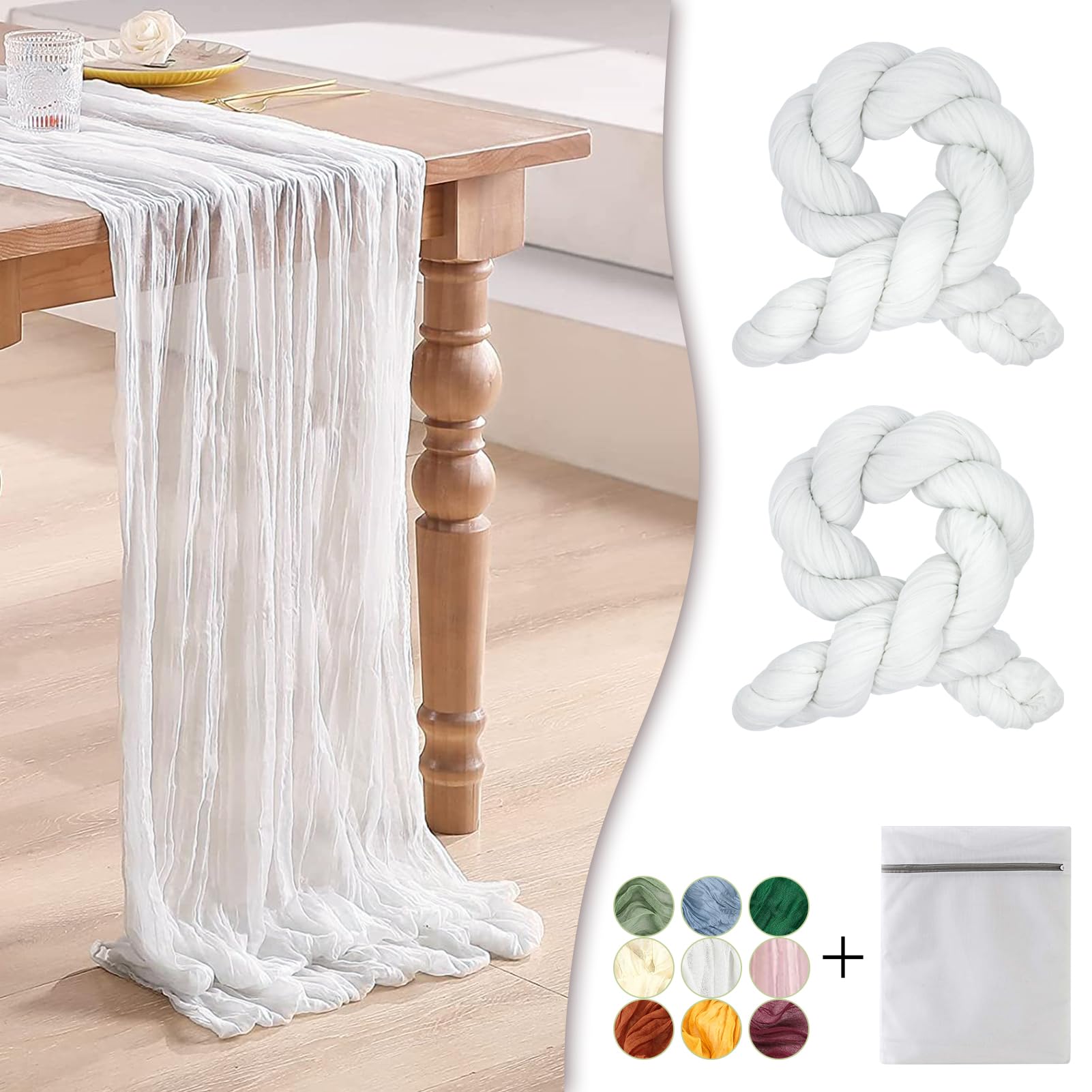 Mantel Waligoy de gasa blanca 35x120, drapeado suave para mesa elegante.