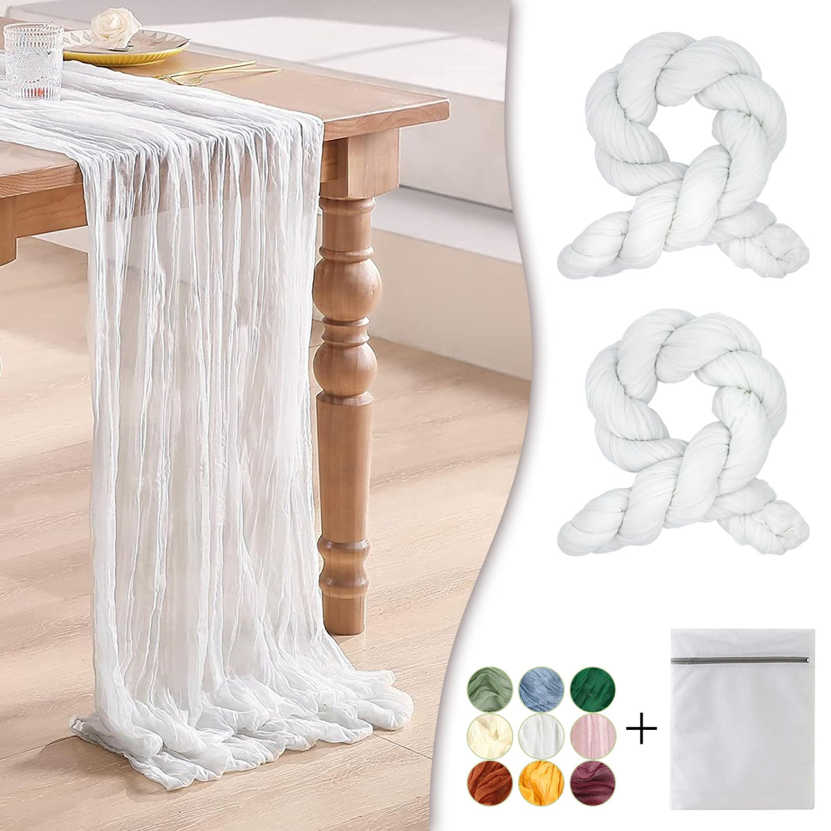 Mantel Waligoy de gasa blanca 35x120, drapeado suave para mesa elegante.